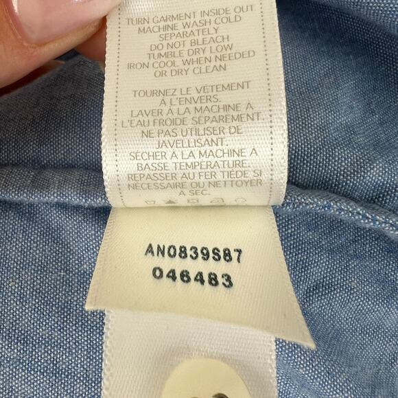 7 For All Mankind Chambray White Detail Button Down 3/4 Sleeve Shirt M Medium - Picture 8 of 8